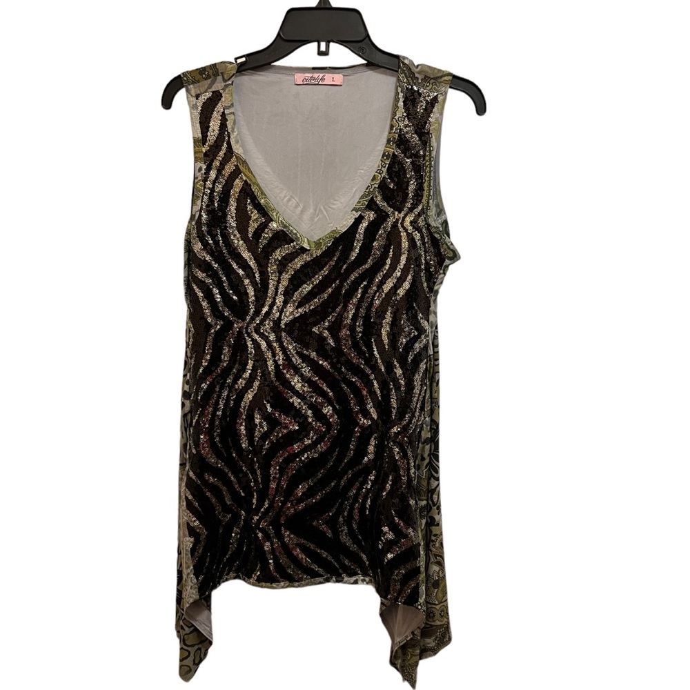 Citi Life Sequined Paisley Asymmetrical Hemline Sleeveless V-Neck Top Size L